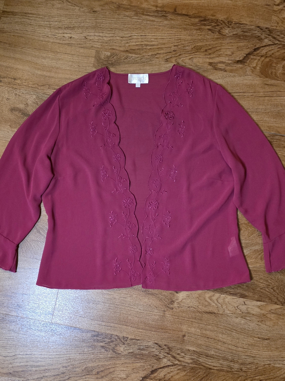 Studio I Magenta Sheer Embroidered Beaded Scalloped Open Chiffon Cardigan